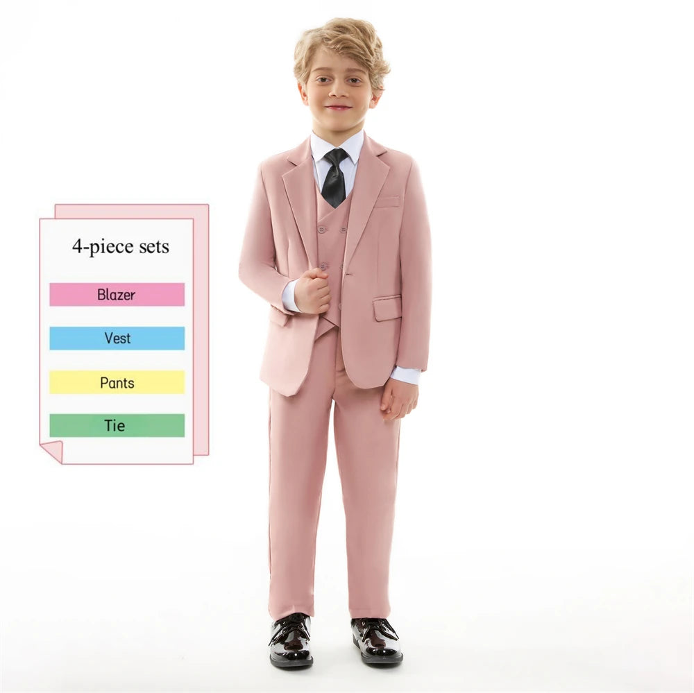Beige Boy's Formal Suit Set, 4 Pieces Regular Fit Kids Smart Prom Suits, Jacket Vest Pants Tie Classy Solid Tuxedo For Wedding