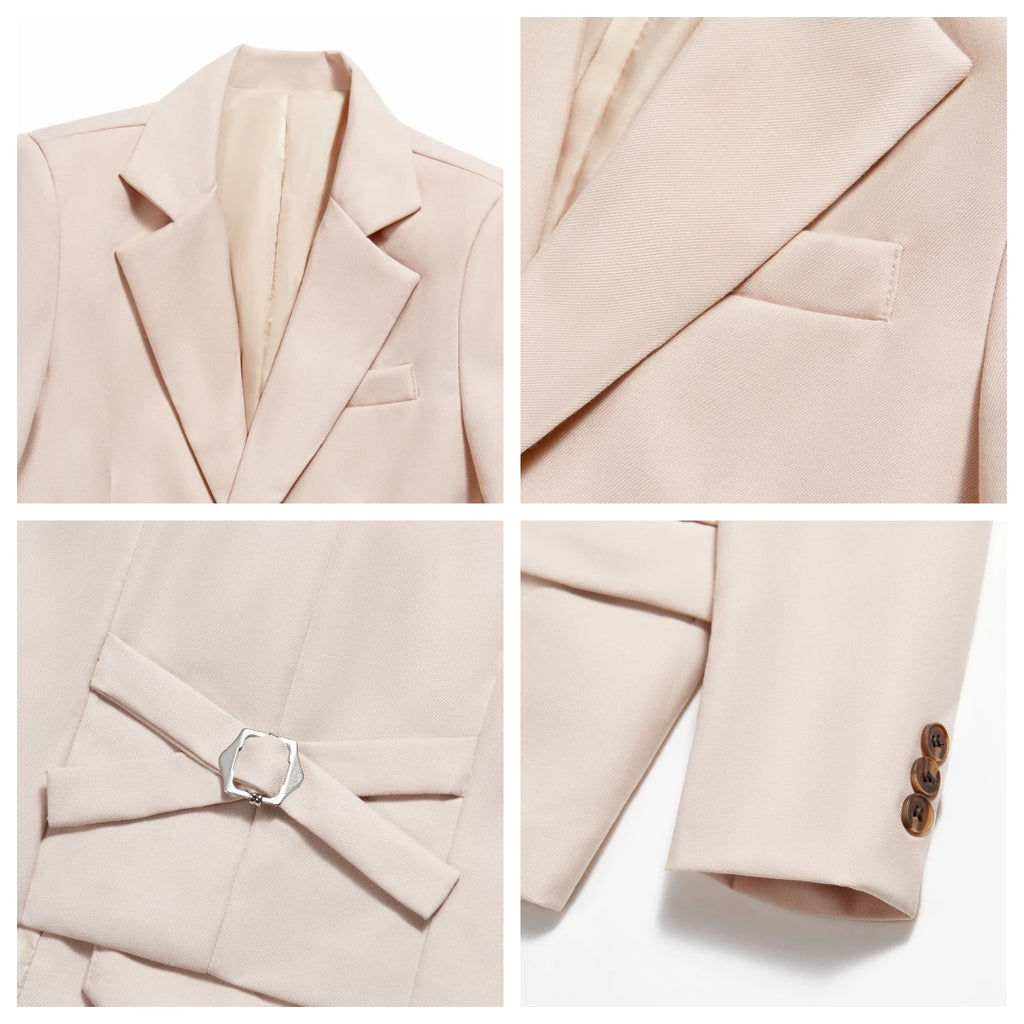 Beige Boy's Formal Suit Set, 4 Pieces Regular Fit Kids Smart Prom Suits, Jacket Vest Pants Tie Classy Solid Tuxedo For Wedding
