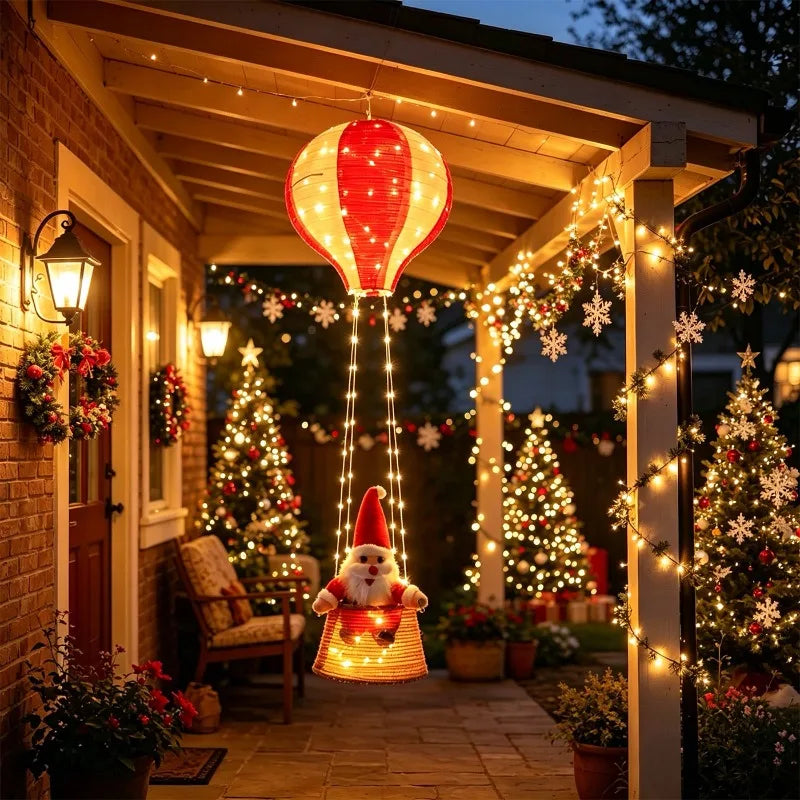 Christmas Hanging Ornament, Glowing Hot Air Balloon Santa with Leather Cord for Indoor Home Decor