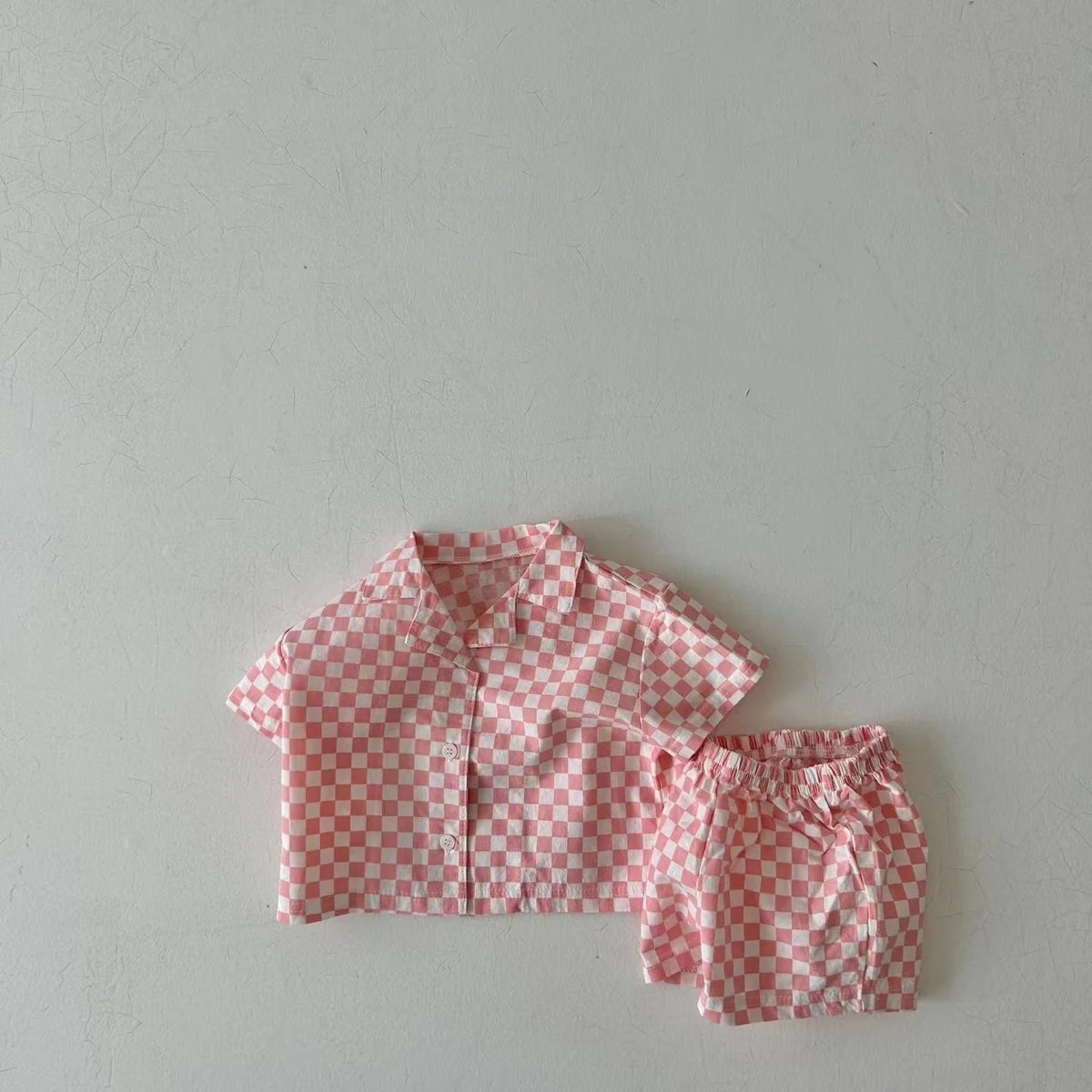 2025 Korean Summer Toddler Boy Clothes Set Cotton Solid Turn-down Collar Shirt Suit Plaid Elastic Waist Shorts Infant Boy Outfit