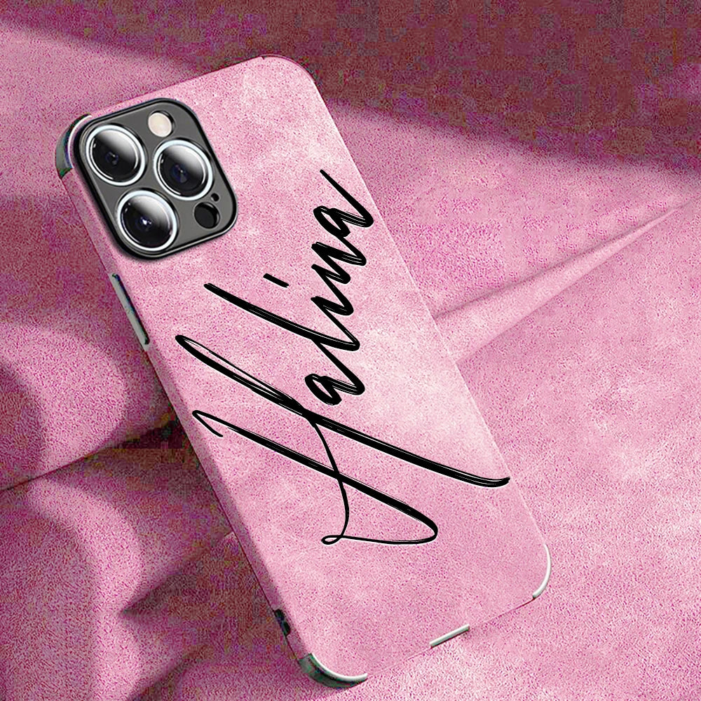 Large Brush Calligraphy Name Customized Phone Case For iPhone18 16 15 14 13 12 11ProMax Lambskin Faux Leather Shockproof Cover