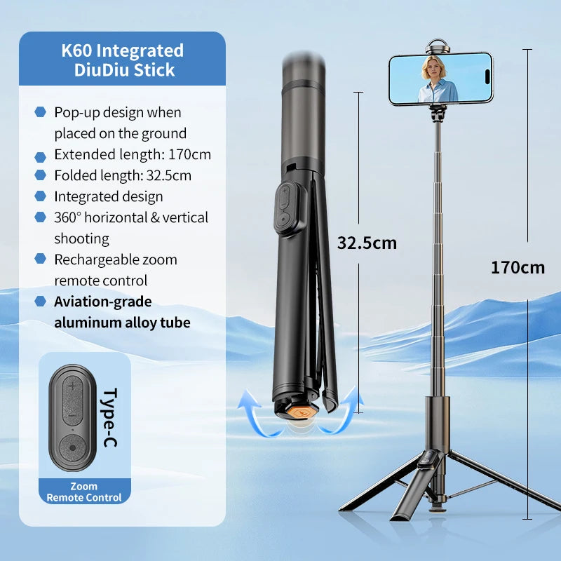 1.7M Portable Selfie Stick Tripod with Auto-Open Mechanism, Bluetooth Remote Control, Extendable Phone Holder for iPhone Android