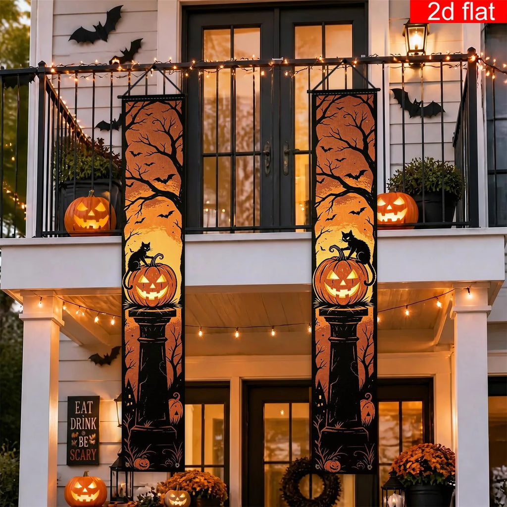 Halloween Door Banner Black Cat Pumpkin Tombstone Porch Sign Spooky Bat Tree Hanging Curtain Front Porch Horror Party Wall Decor