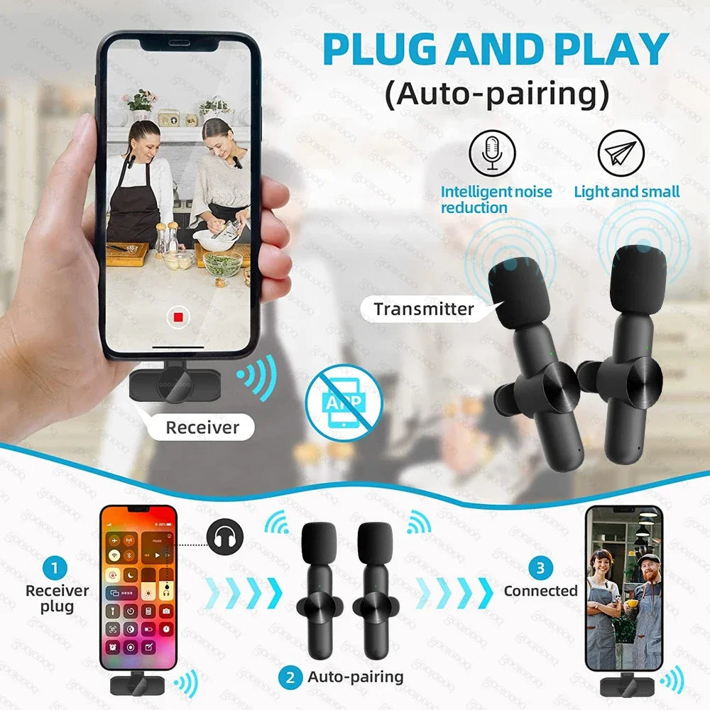 Wireless Lavalier Microphone Mini Audio Video Recording Mic for iPhone 15~17 Android Portable Live Broadcast Gaming