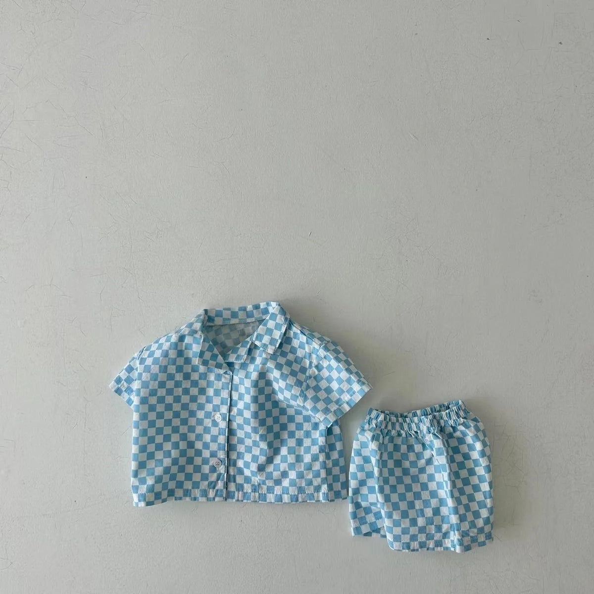 2025 Korean Summer Toddler Boy Clothes Set Cotton Solid Turn-down Collar Shirt Suit Plaid Elastic Waist Shorts Infant Boy Outfit