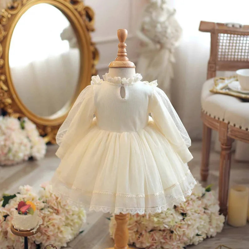 Girls Spring Autumn Winter New Baby First Birthday Mesh Long Sleeve Bow Lace Princess Dress