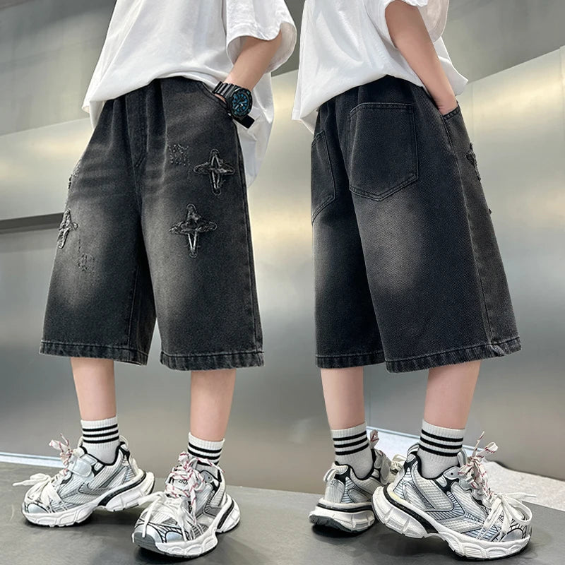 2025 Summer New Arrival Fashion Boys Denim Shorts with Star Pattern Children's Casual Cropped Jeans Pants Kids 5-14 Years Old