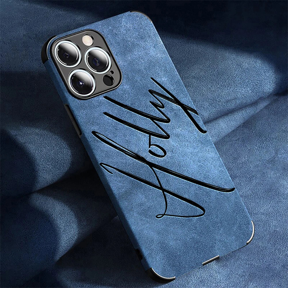 Large Brush Calligraphy Name Customized Phone Case For iPhone18 16 15 14 13 12 11ProMax Lambskin Faux Leather Shockproof Cover