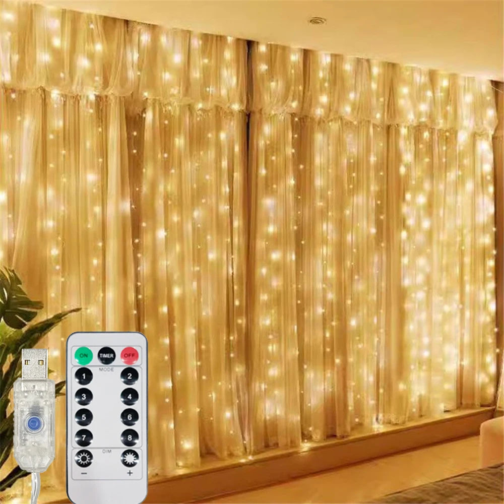 Wedding Garland Fairy Lights Outdoor 8 Mode LED USB Curtain Light String Christmas Tree Holiday Decoration Garden Light