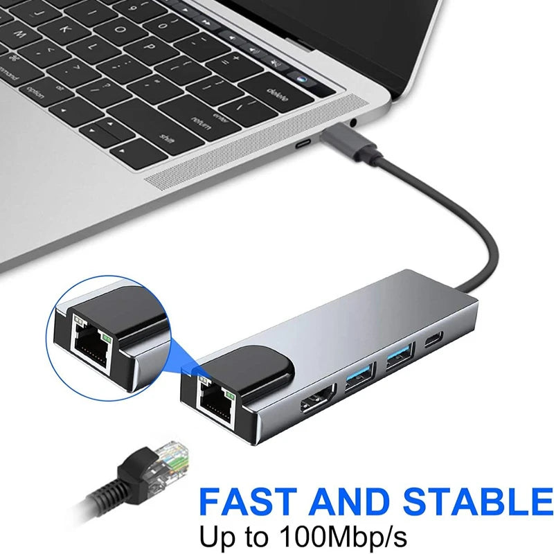 5/8Ports USB C Docking Station Type C to HDMI 4K/RJ45 100M Splitter USB3.0 5Gbps High Speed USB C HUB Adapter For Laptop Macbook