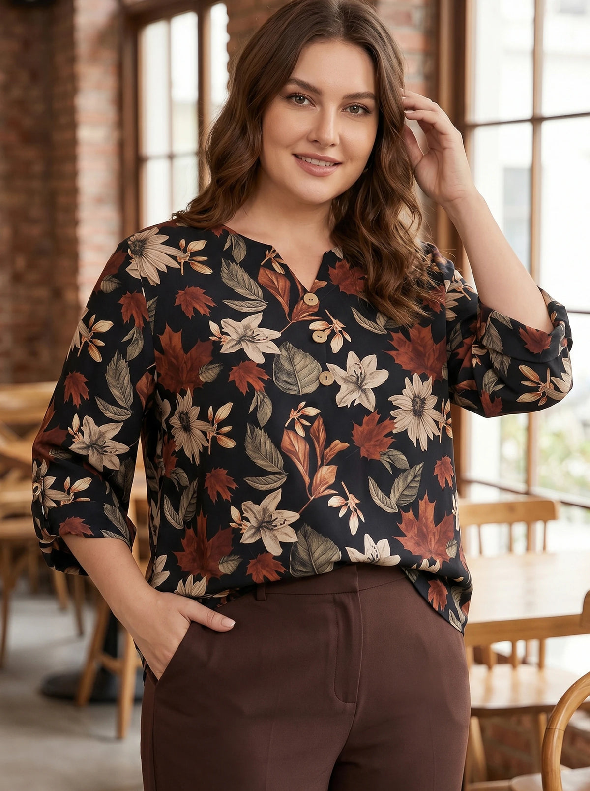 Gadinus Plus Size Floral Print Blouse Women Black Base Long Sleeve V Neck Loose Fit Casual Shirt Tunic Top