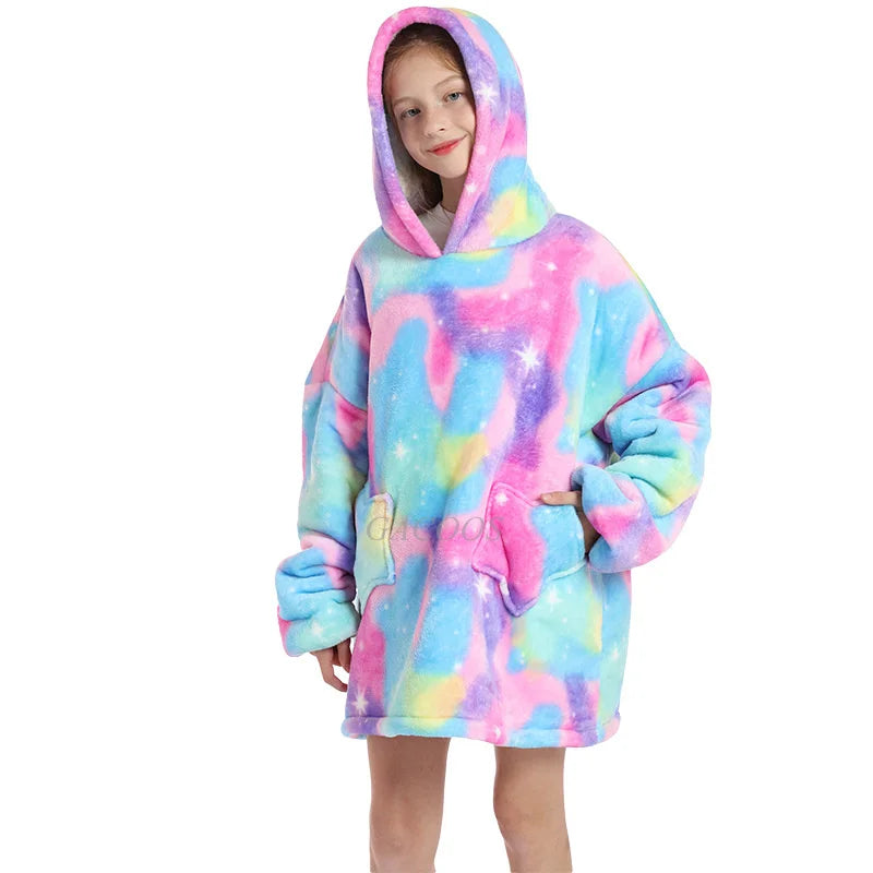 Kids Oversized Hoodie Blanket With Sleeve Boy Girl Sweatshirt Winter Fleece Hoody Avocado Rainbow Dinosaur Print Hooded Sweat