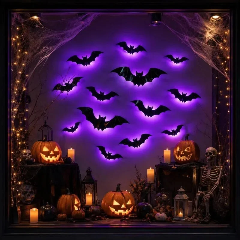 24/12pcs 3D Halloween LED Light Up Bat Glow in The Dark Self Adhesive PVC Wall Stickers Decoration Window Store Party Display