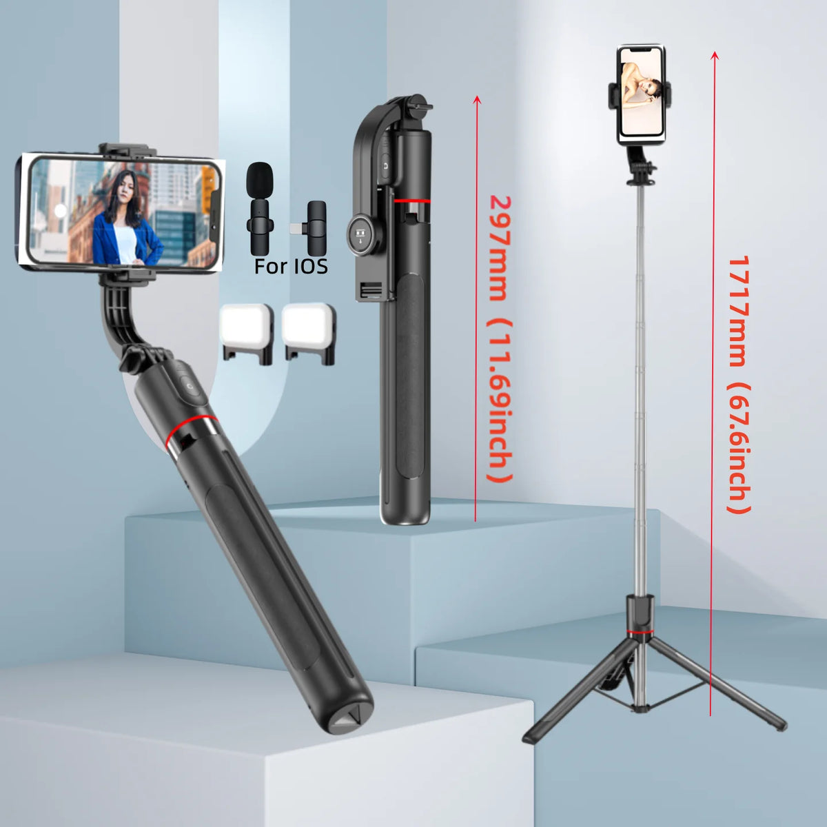 Selfie Stick Tripod with Bluetooth Remote, 6-Section Extendable Pole, 360° Rotation, Fill Light Option, for Phone Vlog
