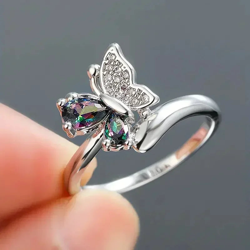 2026 Butterfly Ring Multi-Colored Cubic Zirconia Women's Wedding Accessory Exquisite Aesthetic Statement Jewelry Gift