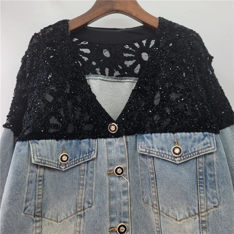 DEAT Women's Denim Jackets V-neck Patchwork Sequins Long Sleeve Perspective Shoulder Coats Summer 2026 New Fashion 29A968