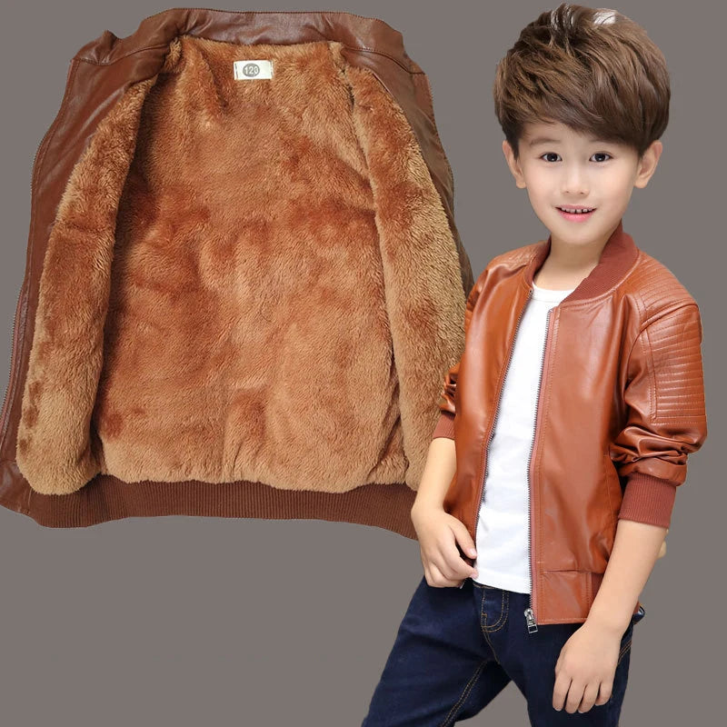 2-13 Years Winter Boys PU Jacket Plus Velvet Keep Warm Leather Jacket For Boys Coat Waterproof Outerwear Teenagers Kids Clothes