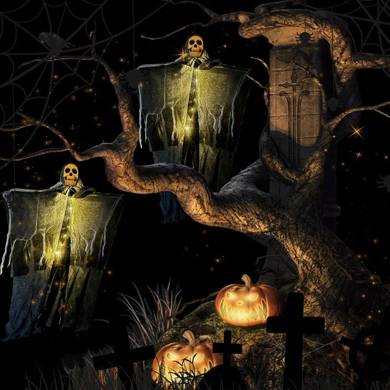 Halloween Skull & Ghost Hanging Decoration Set, LED Glowing Ornament for Outdoor Yard Garden Home Holiday Party Atmosphere Props