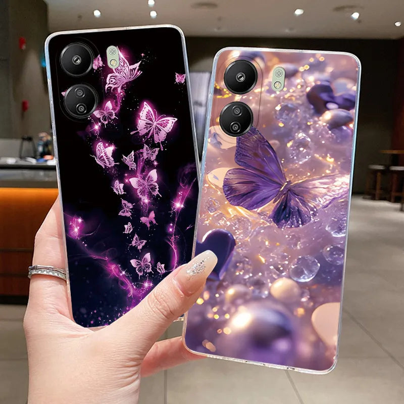 Case For Xiaomi Redmi 13C Poco C65 4G Capa Flower Butterfly Phone Casing Redmi13C Poco M6 5G Soft Silicone Transparent TPU Cover