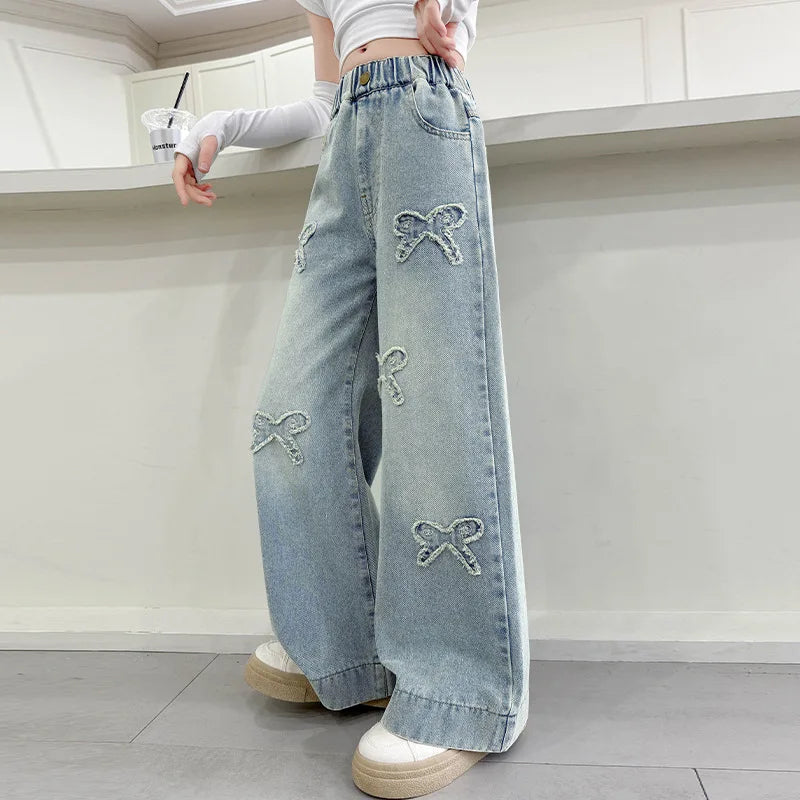 American Retro Kids Baggy Jeans with Bows For Girls Fashion Stretch Elastic Waist Denim Pants Child Wide Leg Jeans Trousers 5-14