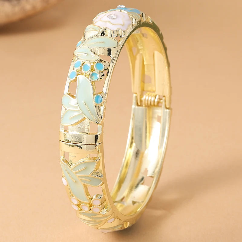 Jardme Rose Flower Enamel Bracelets For Women Ethnic Style Gold Plated Hollow Cloisonne Bangles Women's Jewelry Accessories