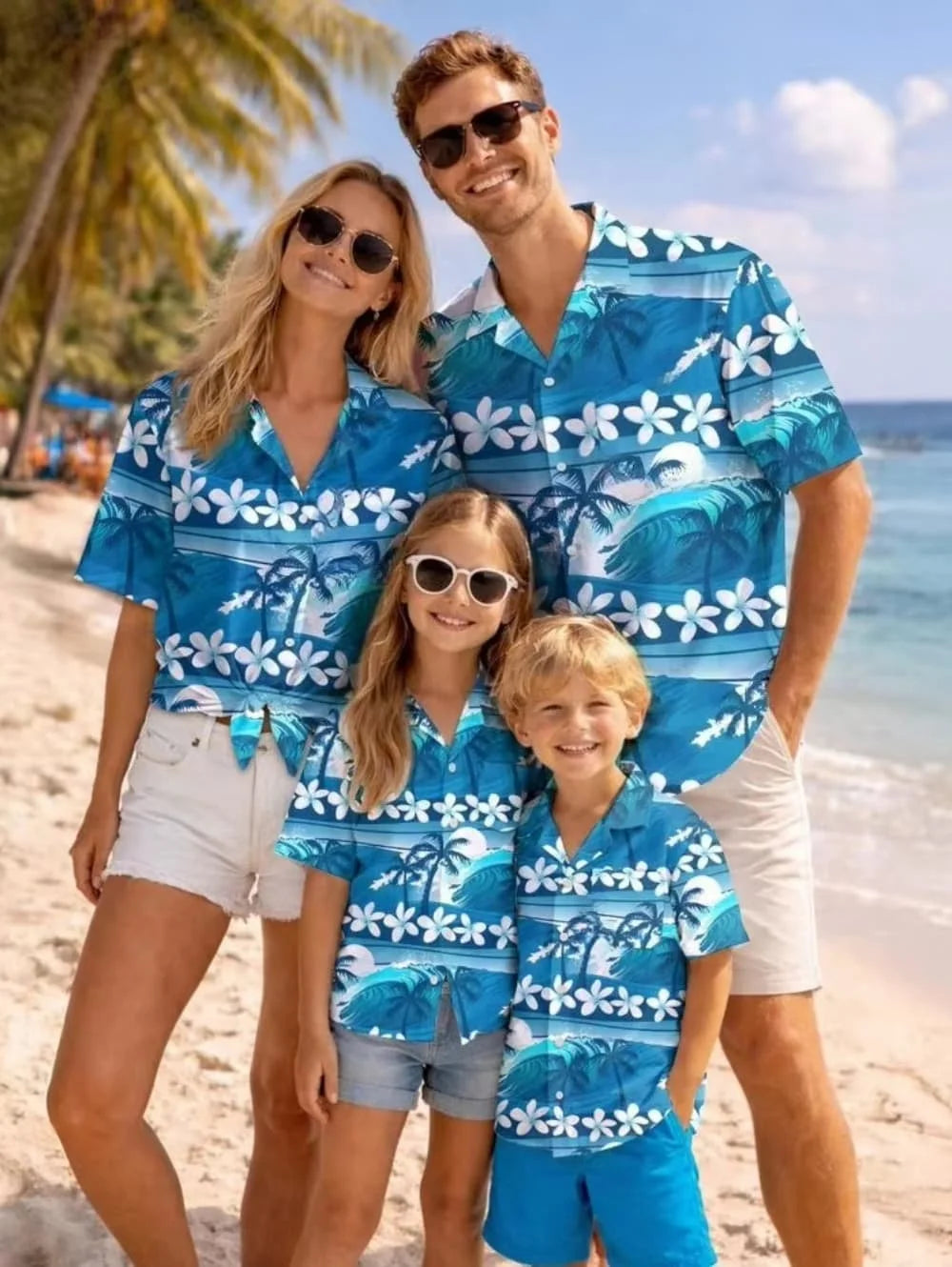 Hawaiian Children's Shirt Plant Flower Pattern Print Family Dress Blue Green Vacation Beach Parent Child Shirt Men's Sports Top