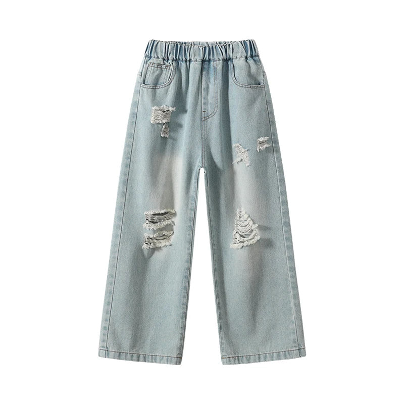 Brief Style Kids Girls Loose Straight Ripped Jeans with Holes For Teenager Child Casual Broken Light Blue Distressed Denim Pants