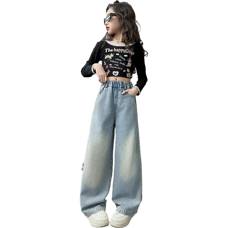 Children Spring Autum Baggy Jeans with Side Pull Strip Bow Tweens Girl Casual Denim Pants Kids Streetwear Trousers Hot Selling