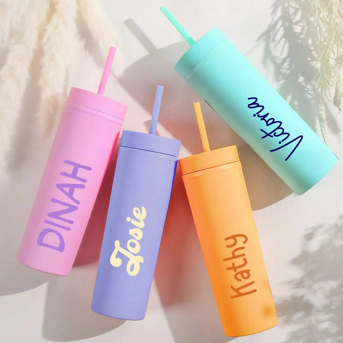 Custom Name Skinny Tumbler, Personalized Text Matte Water Bottle with Straw, Custom Travel Plastic Cup Gift for Wedding Birthday