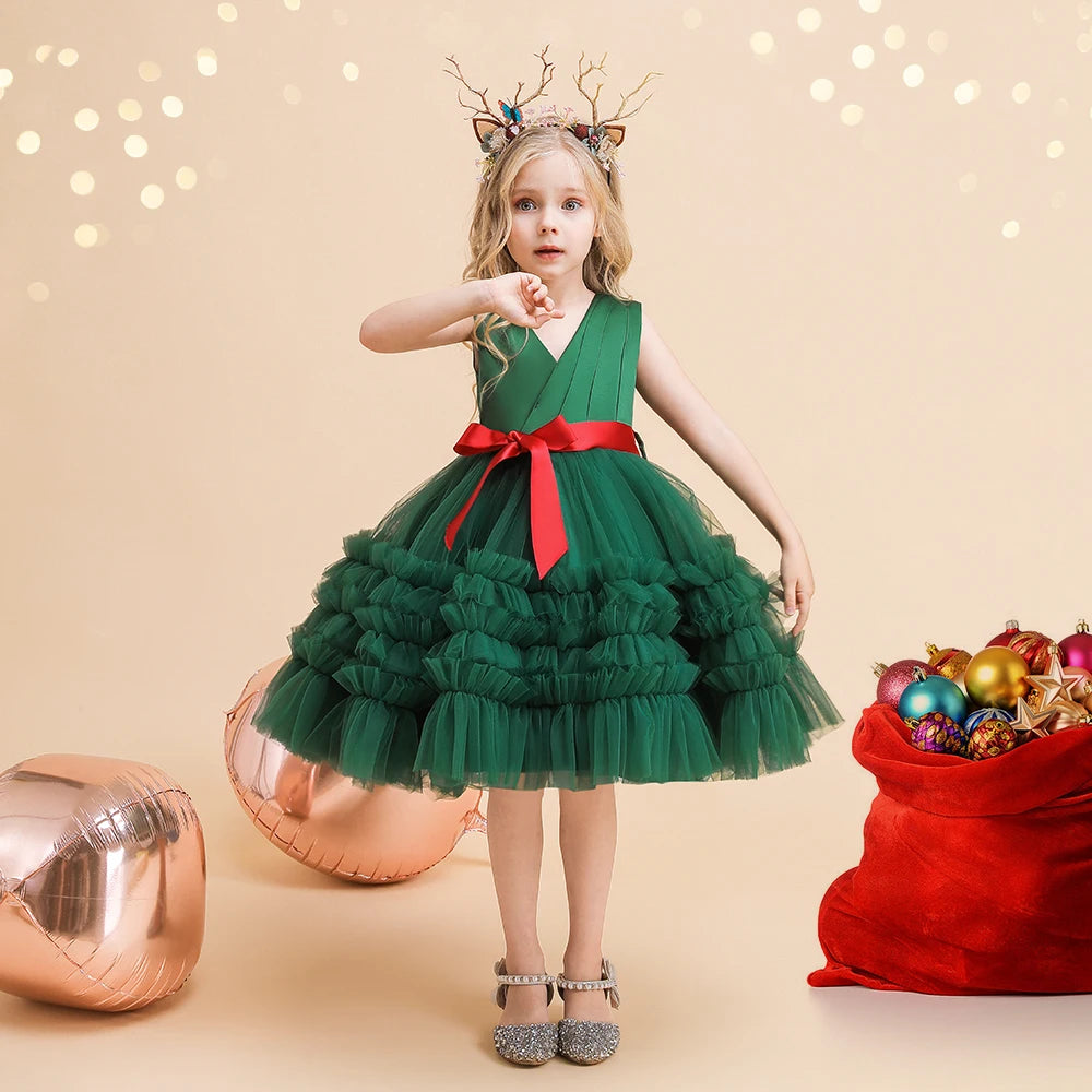 Elegant Bow Bridesmaids Girl Party Dresses Christmas Costumes Tulle Birthday Princess Prom Dress for Girls Wedding Evening Gown