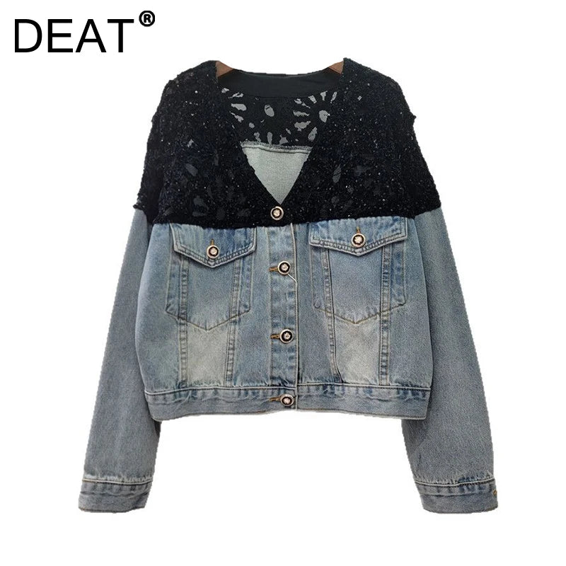 DEAT Women's Denim Jackets V-neck Patchwork Sequins Long Sleeve Perspective Shoulder Coats Summer 2026 New Fashion 29A968