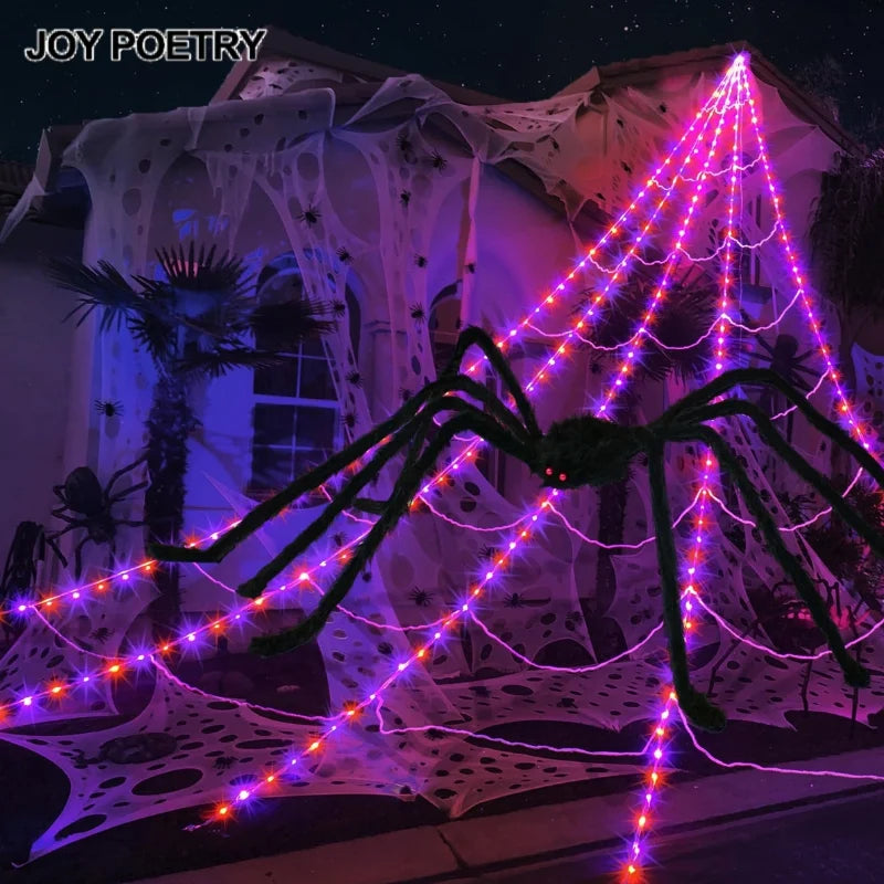 250/455 LED 8 Modes Halloween Spider Web Lights with 150/200/500cm Scary Spider Waterproof Spider Net Party Decoration