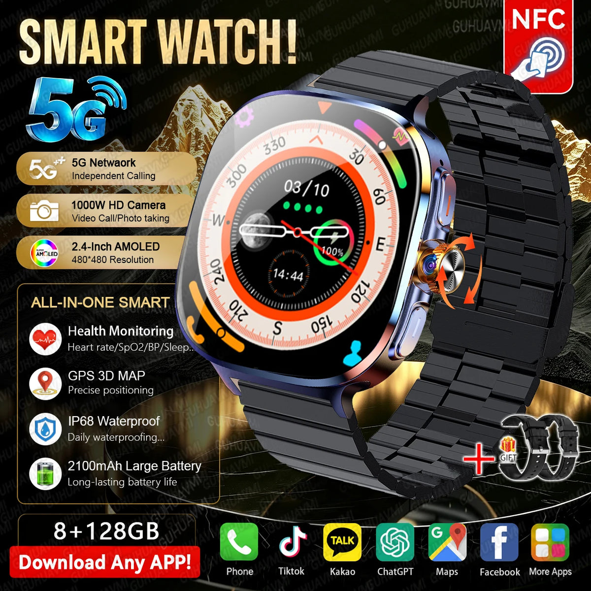 5G/4G Full Network Android Smart Watch With 2.4" AMOLED Display Independent Calling Camera GPS Wifi Bluetooth Sports Phone Watch