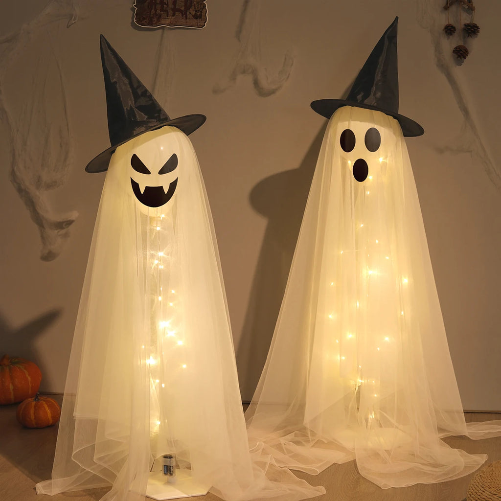 Halloween Large Standing White Gauze Wizard Hat Ghost Cute Funny Scary Expression Imp Party Decoration Background Wall Prop Heig