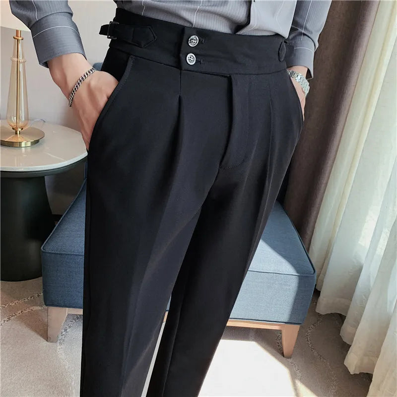 2026 Spring Autumn Men High Waist Belt Design Casual Slim Formal Dress Pant Men Social Office Wedding Party Dress Suit Pants