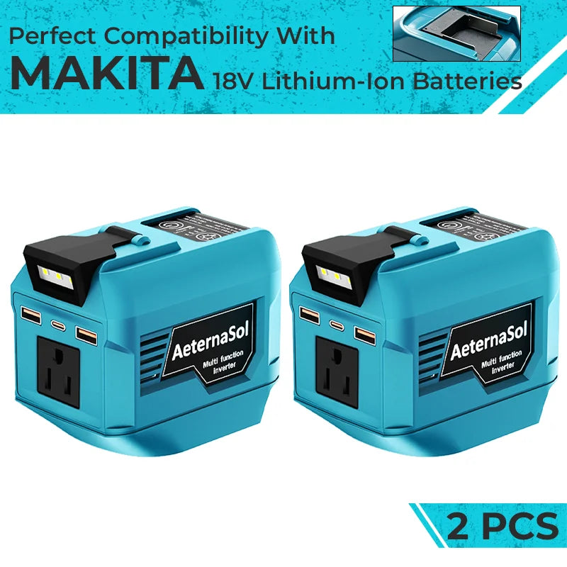 (US Stock 2-5 Days) AeternaSol 250W Power Inverter For Makita 18V LXT Battery BL1830 BL1850 BL1860 Portable Power Station 110V AC 500W Peak Surge QC3.0 USB 20W PD 20W Type-C LED Work Light Camping Outdoor Night Fishing Job Si