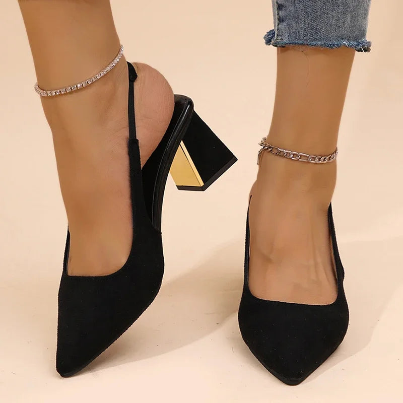 Fashion Pointed Toe Thick Heel Pumps Women 2025 Summer New Black Dress Shoes Woman Back Strap Slingback High Heel Sandals Female