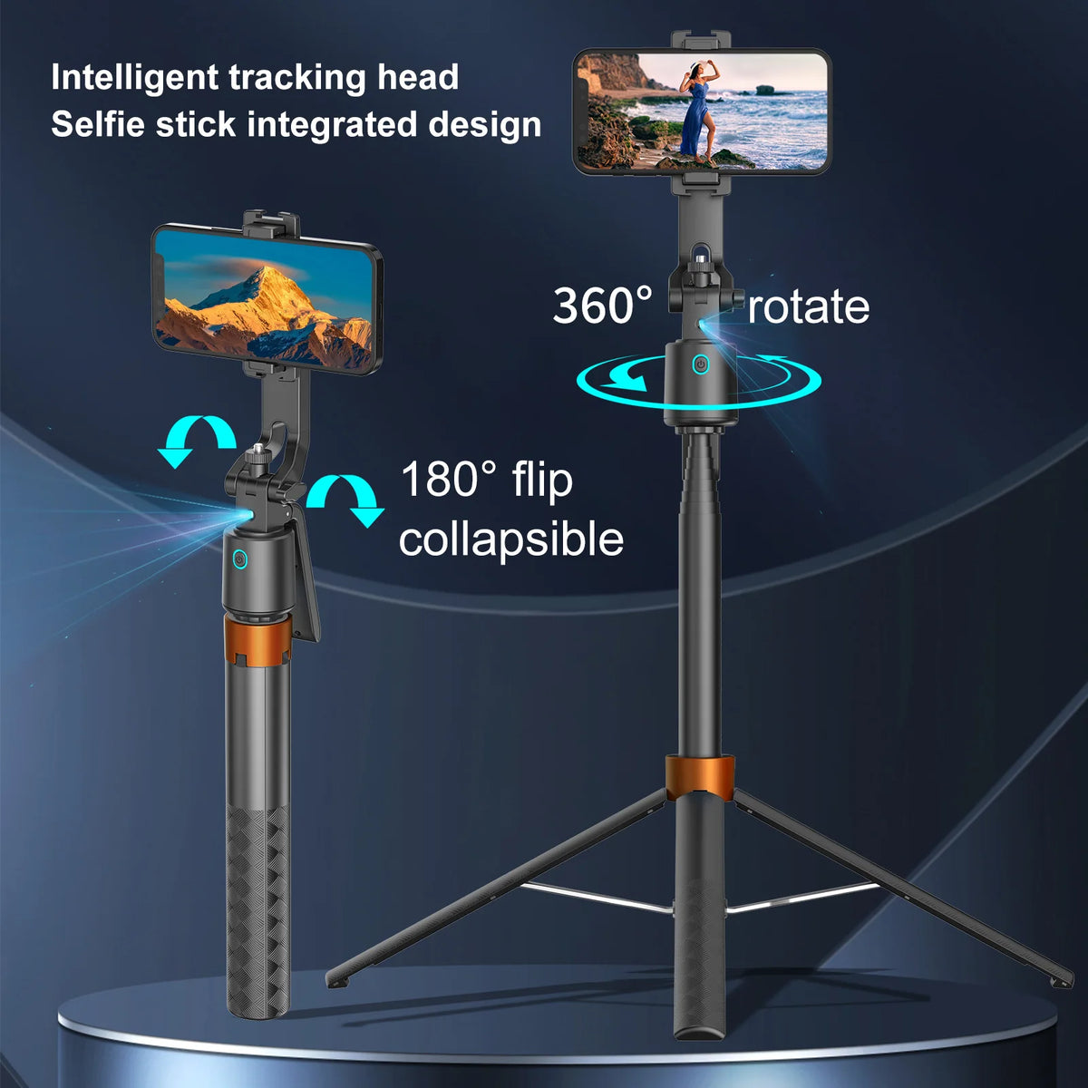 360° face-tracking selfie stick for smartphones includes a clip, expandable tripod, and is portable for outdoor photography.