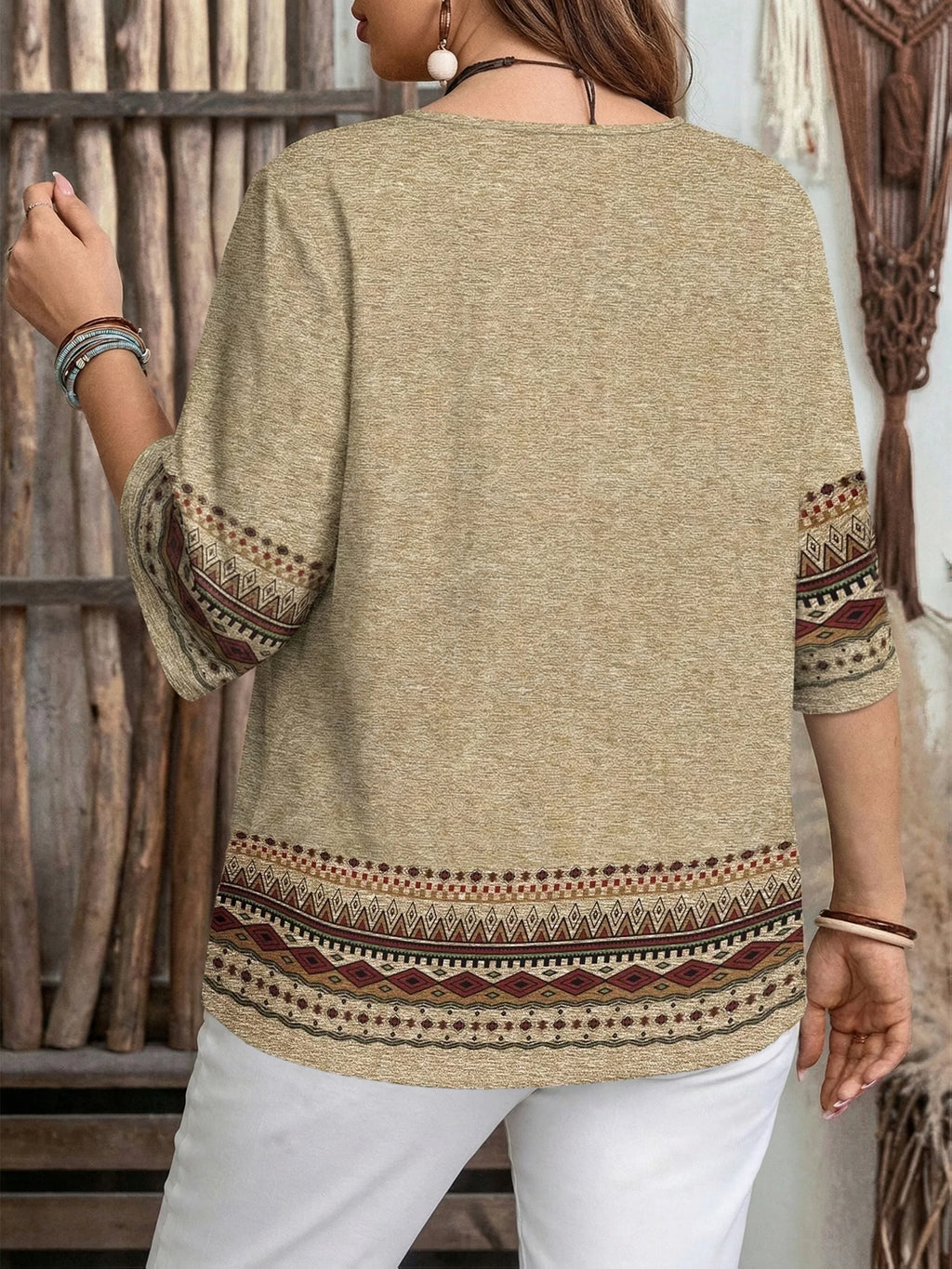 Plus Size Women's Casual Boho Tribal Print 3/4 Sleeve Tunic Top with Button Accent