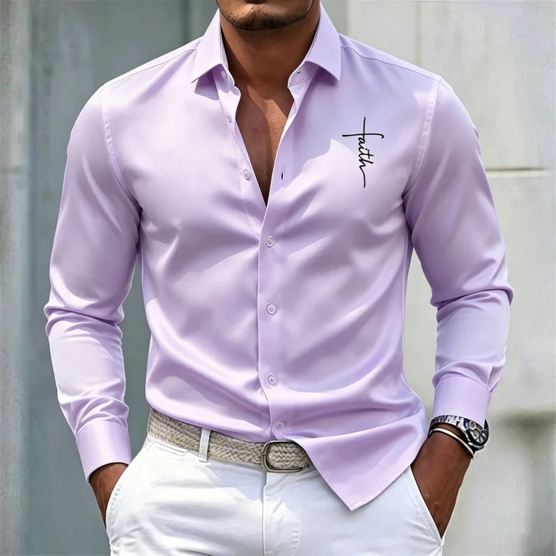 2026 new men's shirt solid color long sleeved shirt slim fit no iron business casual formal wear personalized letter printed top