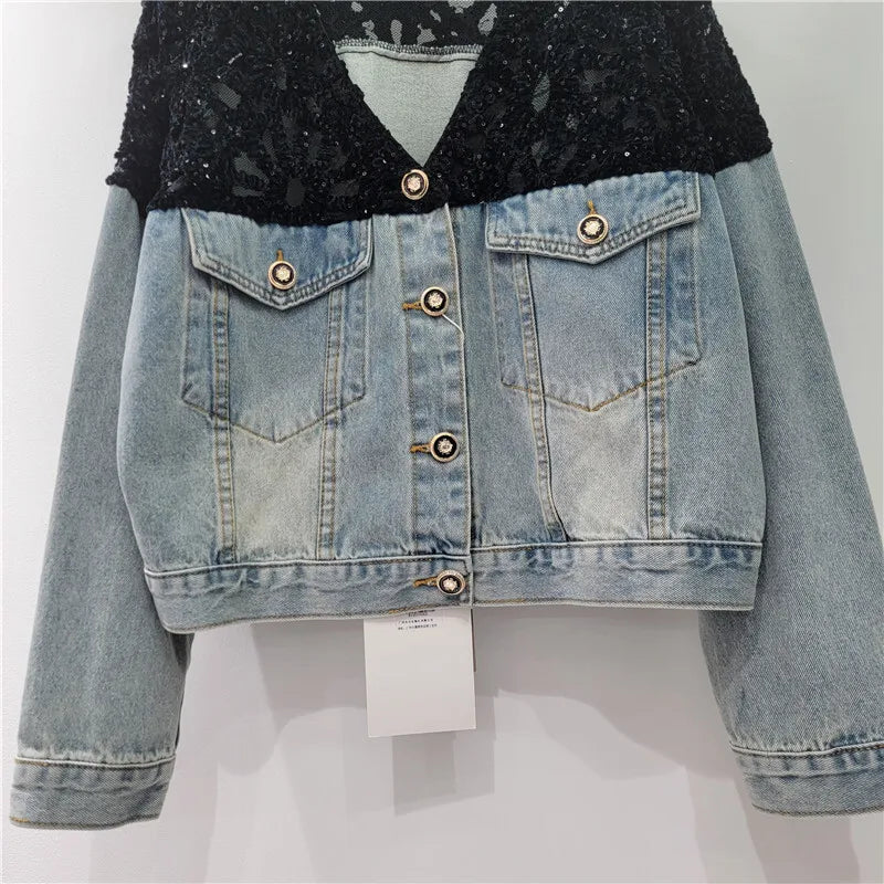 DEAT Women's Denim Jackets V-neck Patchwork Sequins Long Sleeve Perspective Shoulder Coats Summer 2026 New Fashion 29A968