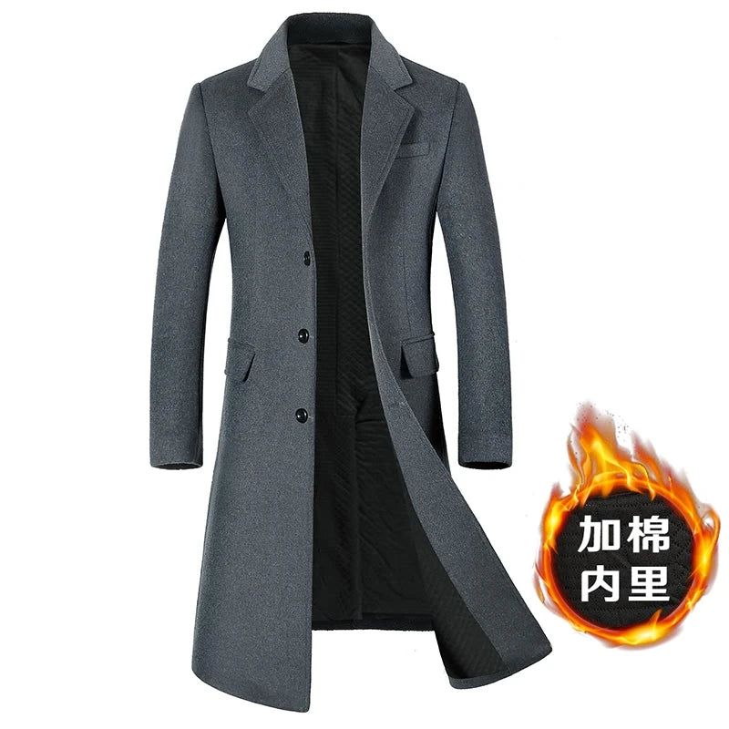 Men's High-Quality Autumn Winter Wool Coat Long Fashion Trench Coat Over-the-Knee Thick Cotton M-4XL