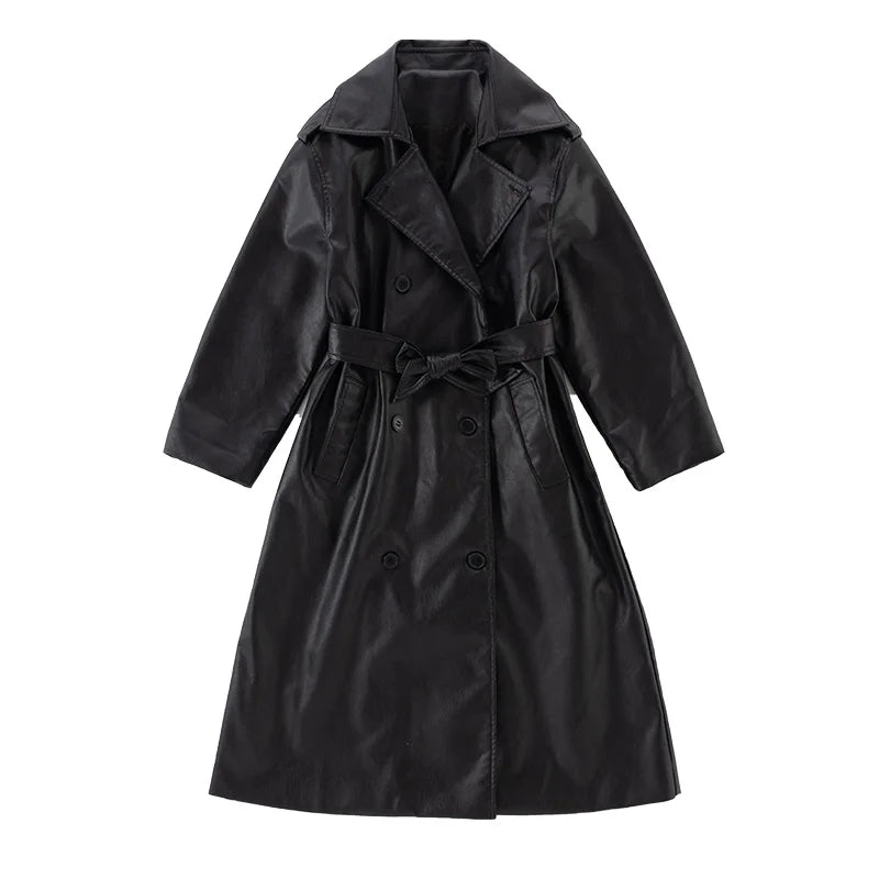 British Kids Child Solid Black Leather Maxi Trench Coat with Belt For Girls High Fashion Autumn Street Clothing X-Long PU Jacket