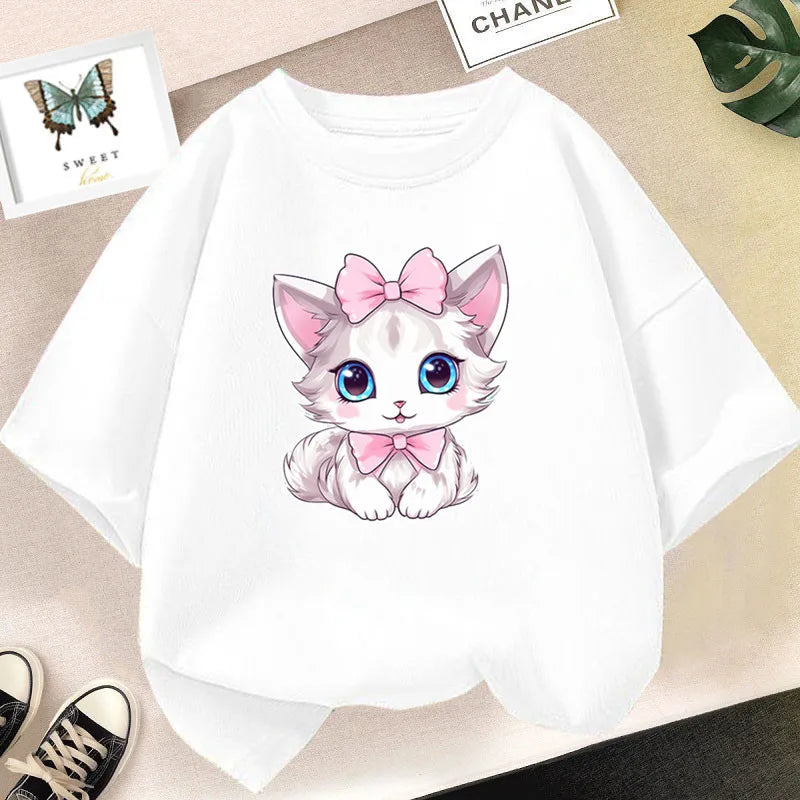 Cat Girls T Shirt Clothes Girls Animal Children T-Shirt Kids Summer Cat Lively Cute Funny Baby T Shirts Tops 2023