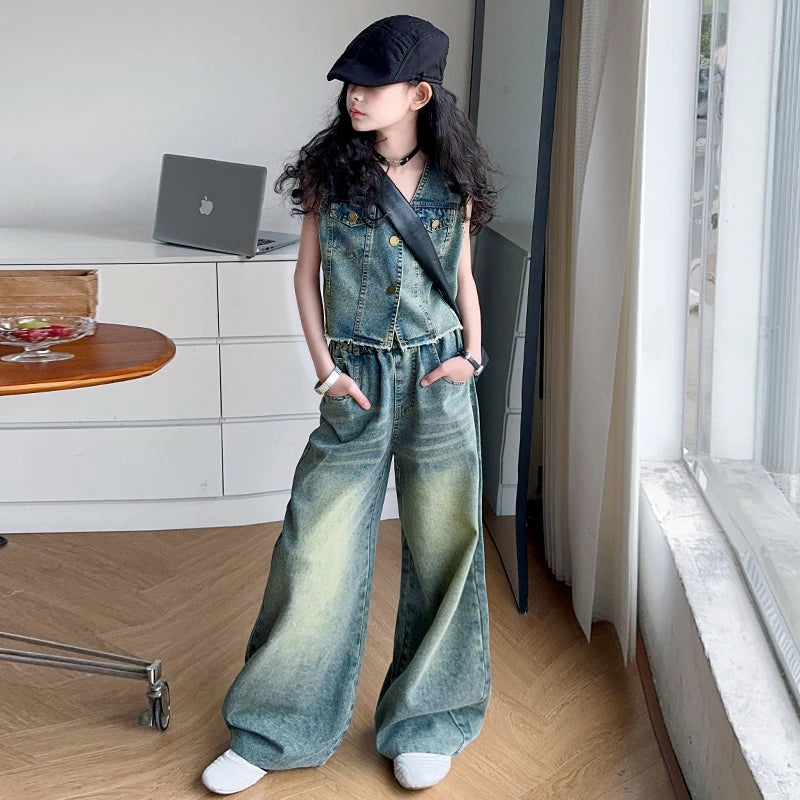 High Fashion Child Streetwear Jeans Set for Girls Casual Denim 2 Pieces Suit Outfits Kids Trendy Y2K Hip Hop Street Clothing Set