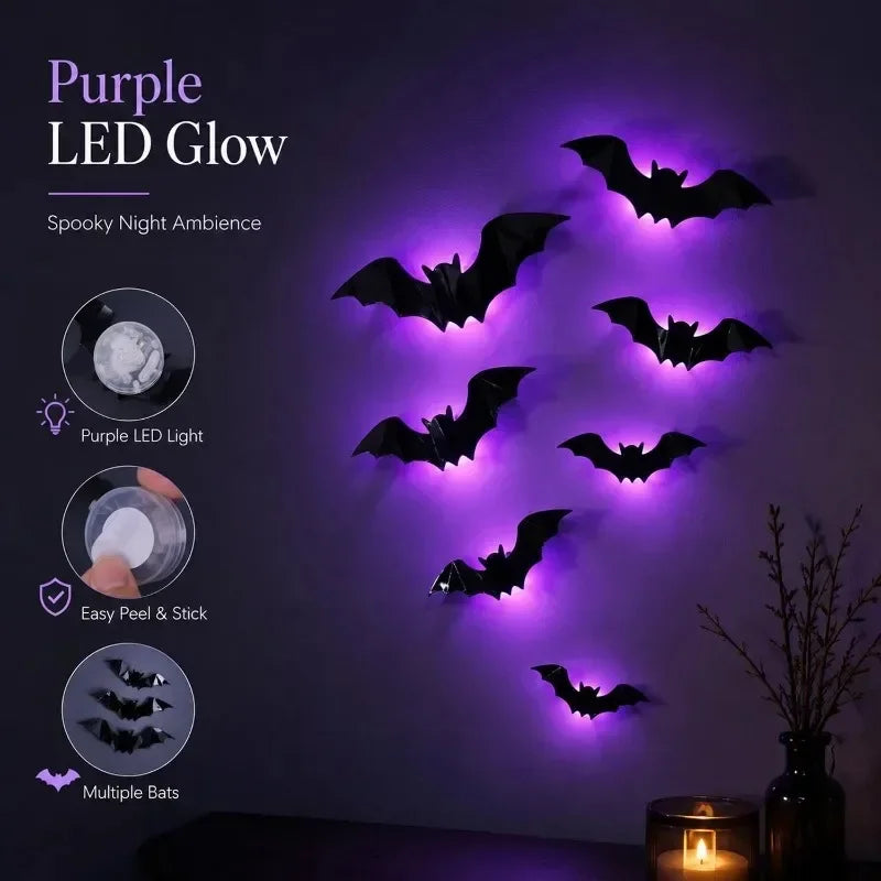 24/12pcs 3D Halloween LED Light Up Bat Glow in The Dark Self Adhesive PVC Wall Stickers Decoration Window Store Party Display
