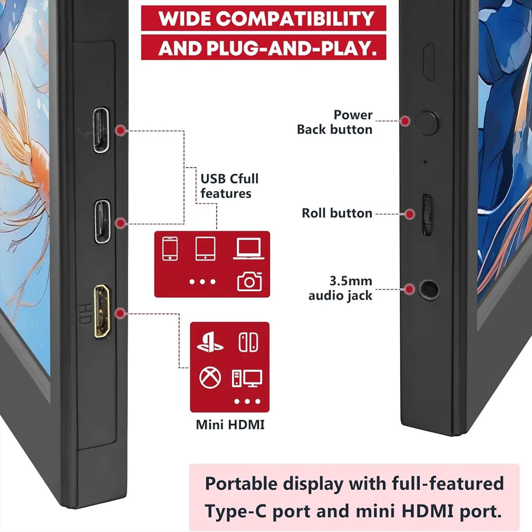 AHXJKA 15.6” Portable Monitor 60HZ IPS USB-C HDMI 250Cd/m² 768P For Laptop XBox PS4 / 5 Switch TV Cell Phone PC Extension Mobile
