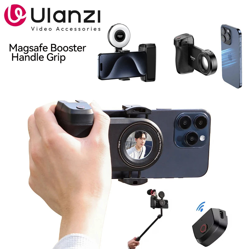 Ulanzi MA35 Selfie HandGrip Booster Bluetooth Shutter for iPhone 17 16 15 Android Photo Stabilizer Cold Shoe 1/4' Screw Mount