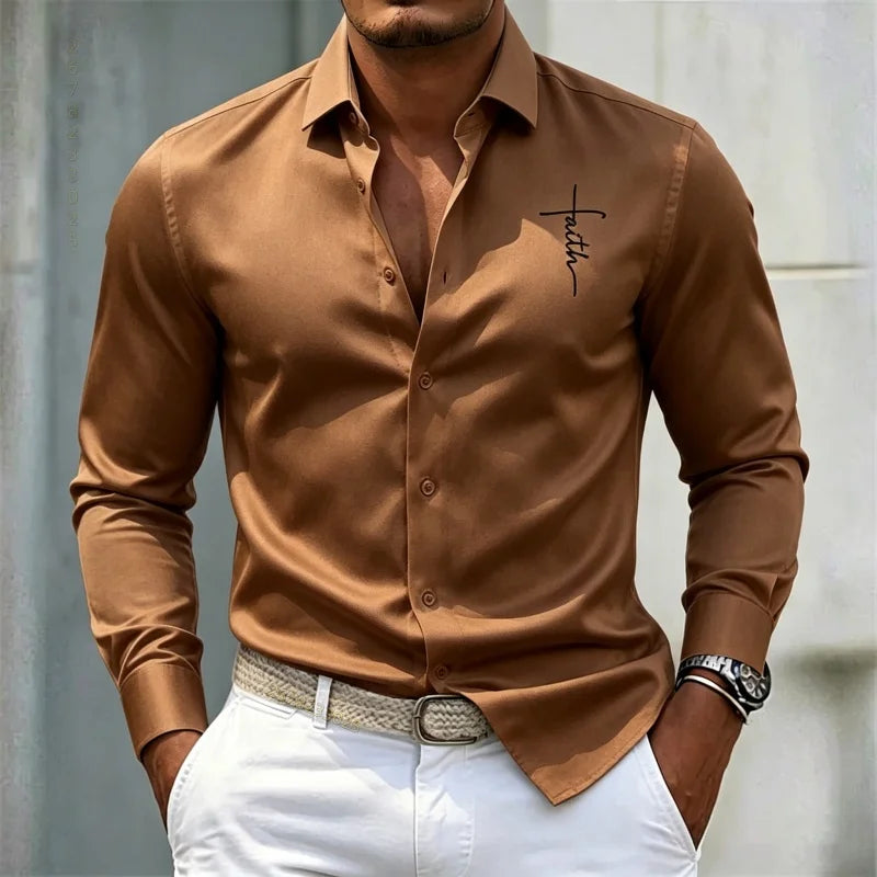 2026 new men's shirt solid color long sleeved shirt slim fit no iron business casual formal wear personalized letter printed top