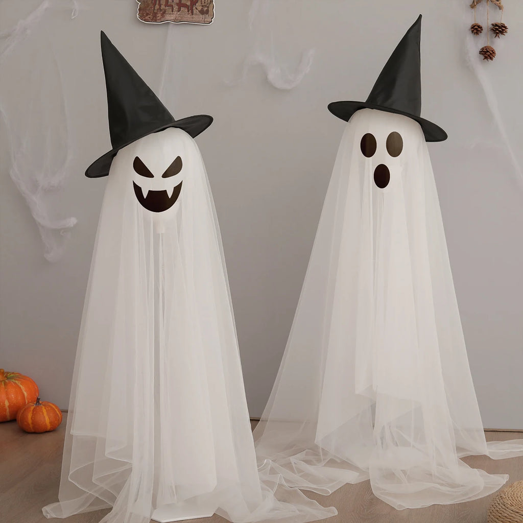 Halloween Large Standing White Gauze Wizard Hat Ghost Cute Funny Scary Expression Imp Party Decoration Background Wall Prop Heig